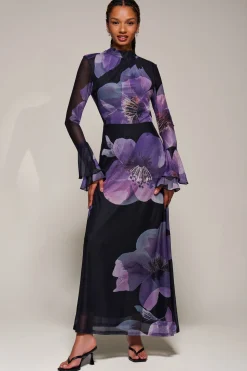 Ruffle Long Sleeve Mesh Maxi Dress, Purple Floral