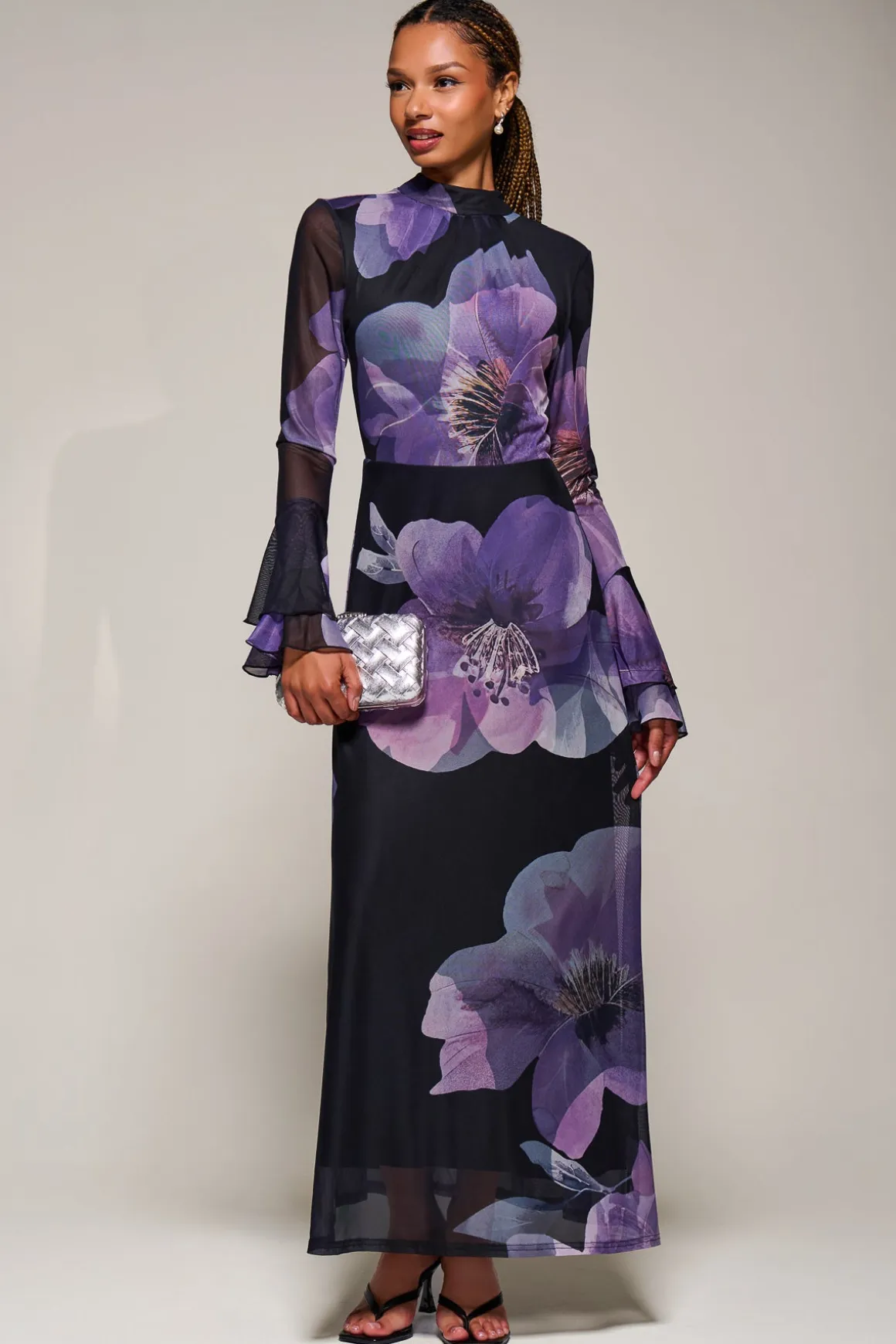 Ruffle Long Sleeve Mesh Maxi Dress, Purple Floral