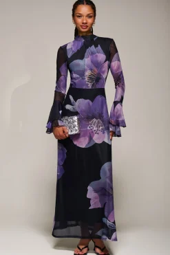 Ruffle Long Sleeve Mesh Maxi Dress, Purple Floral