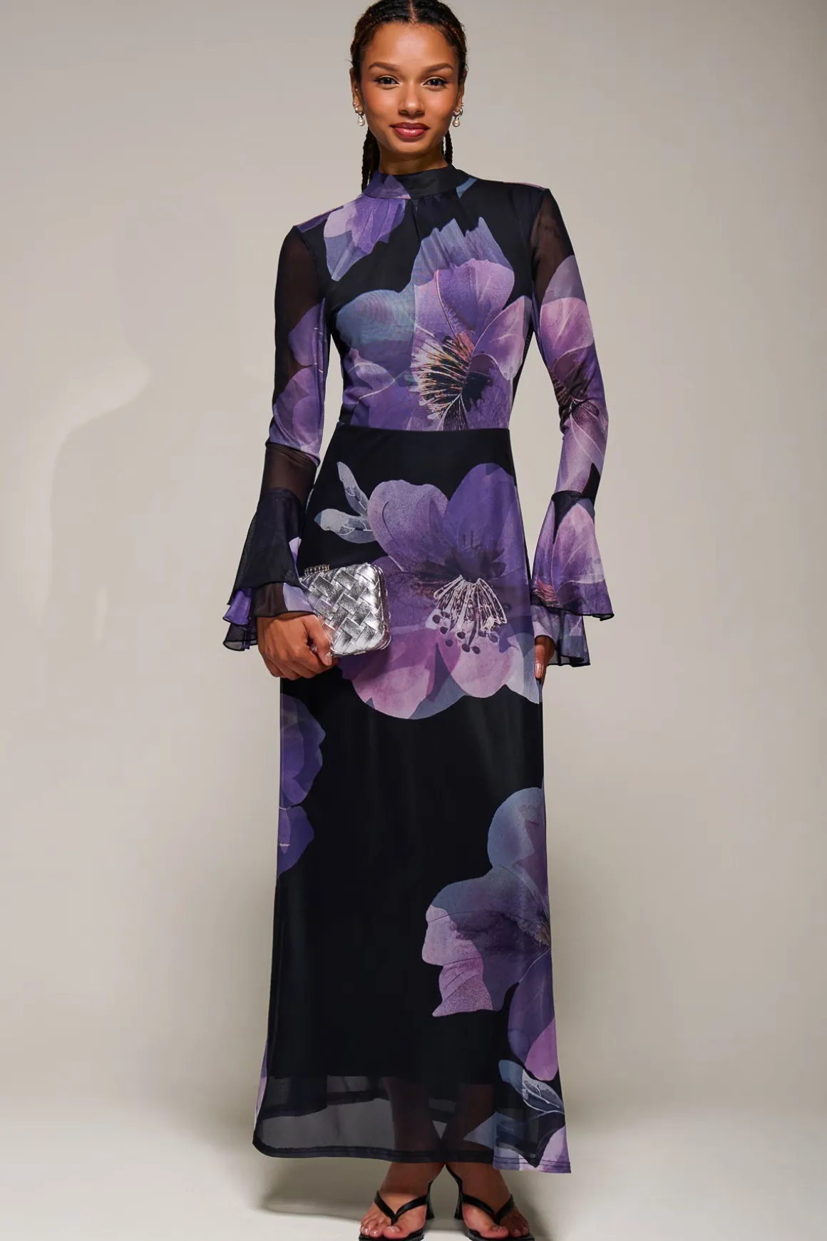 Ruffle Long Sleeve Mesh Maxi Dress, Purple Floral