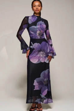 Ruffle Long Sleeve Mesh Maxi Dress, Purple Floral