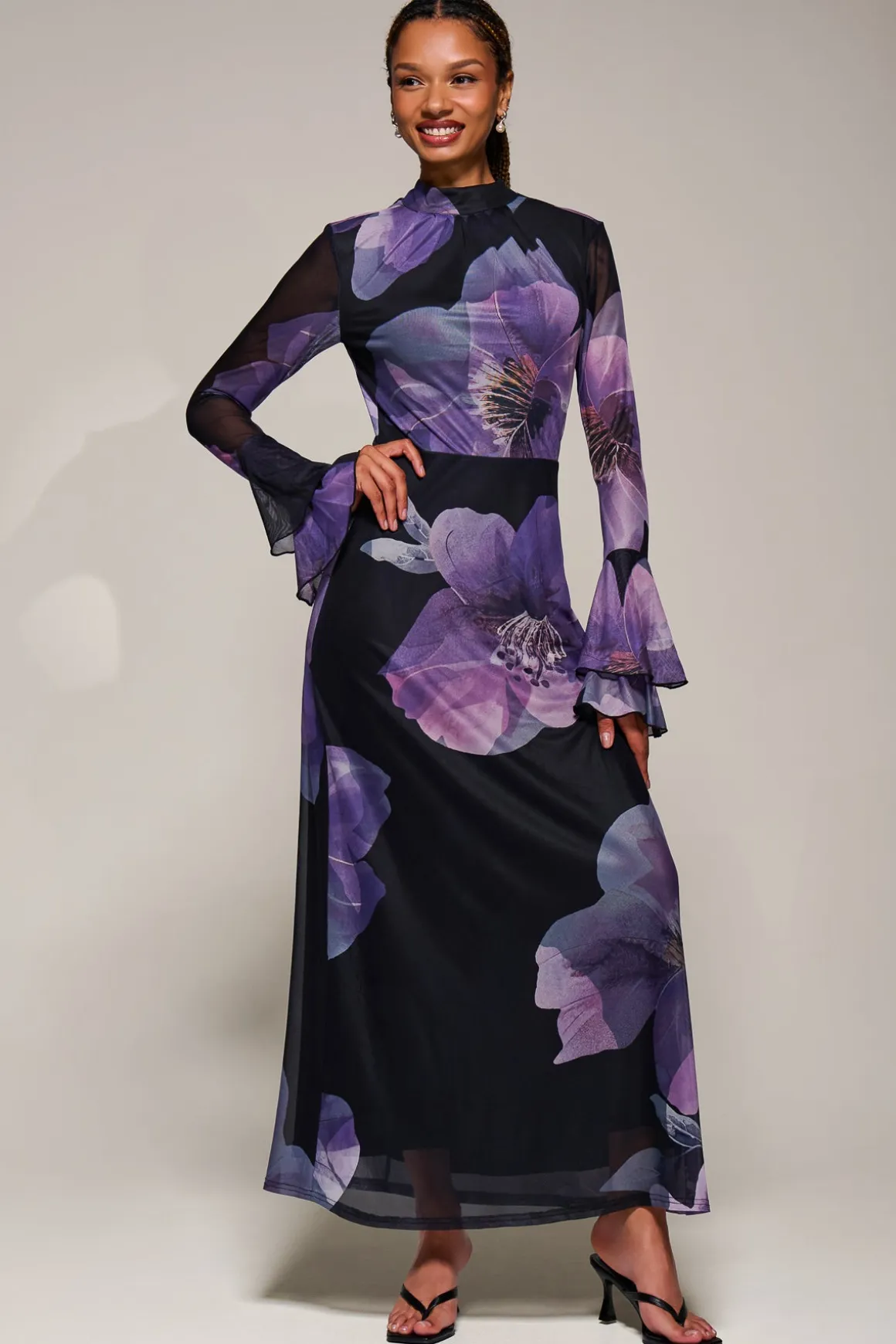 Ruffle Long Sleeve Mesh Maxi Dress, Purple Floral