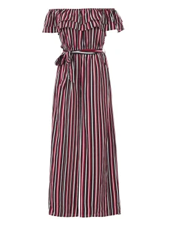 Ruffle Off Shoulder Jumpsuit, Red Stripe