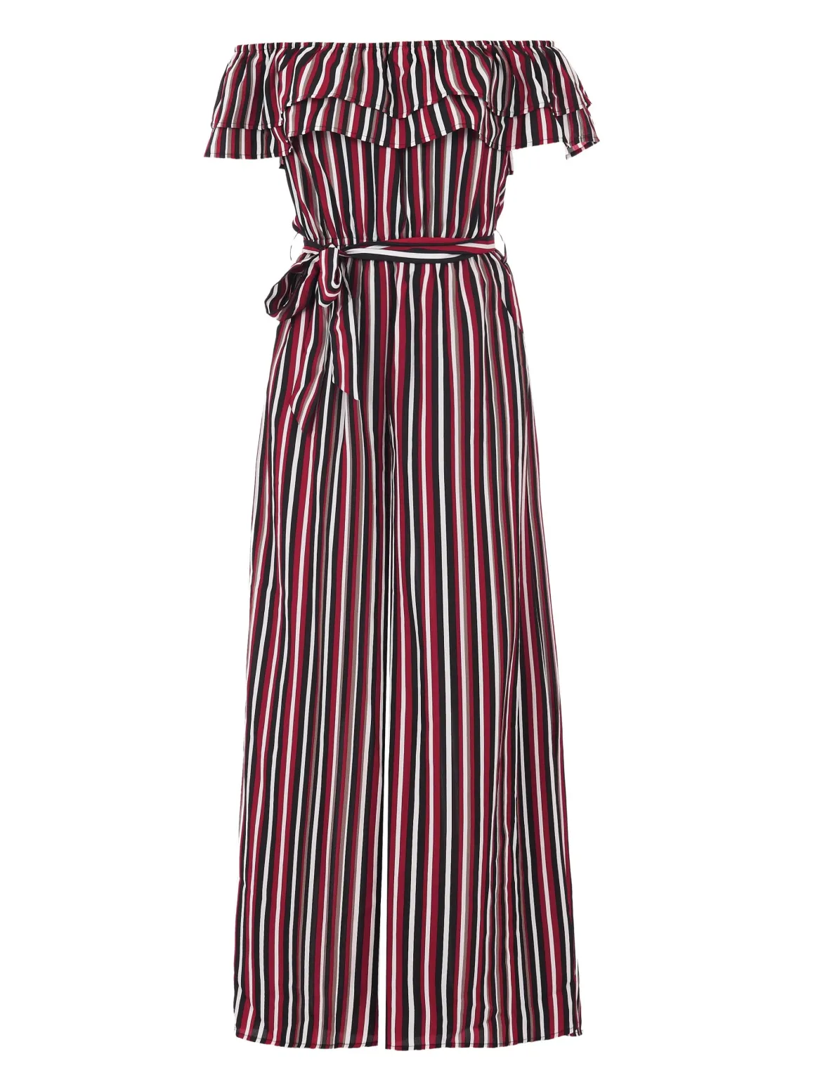 Ruffle Off Shoulder Jumpsuit, Red Stripe