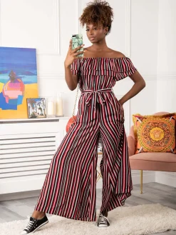 Ruffle Off Shoulder Jumpsuit, Red Stripe
