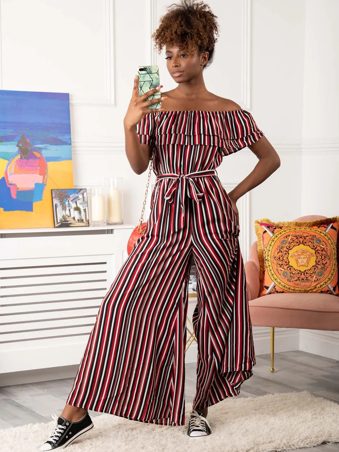 Ruffle Off Shoulder Jumpsuit, Red Stripe