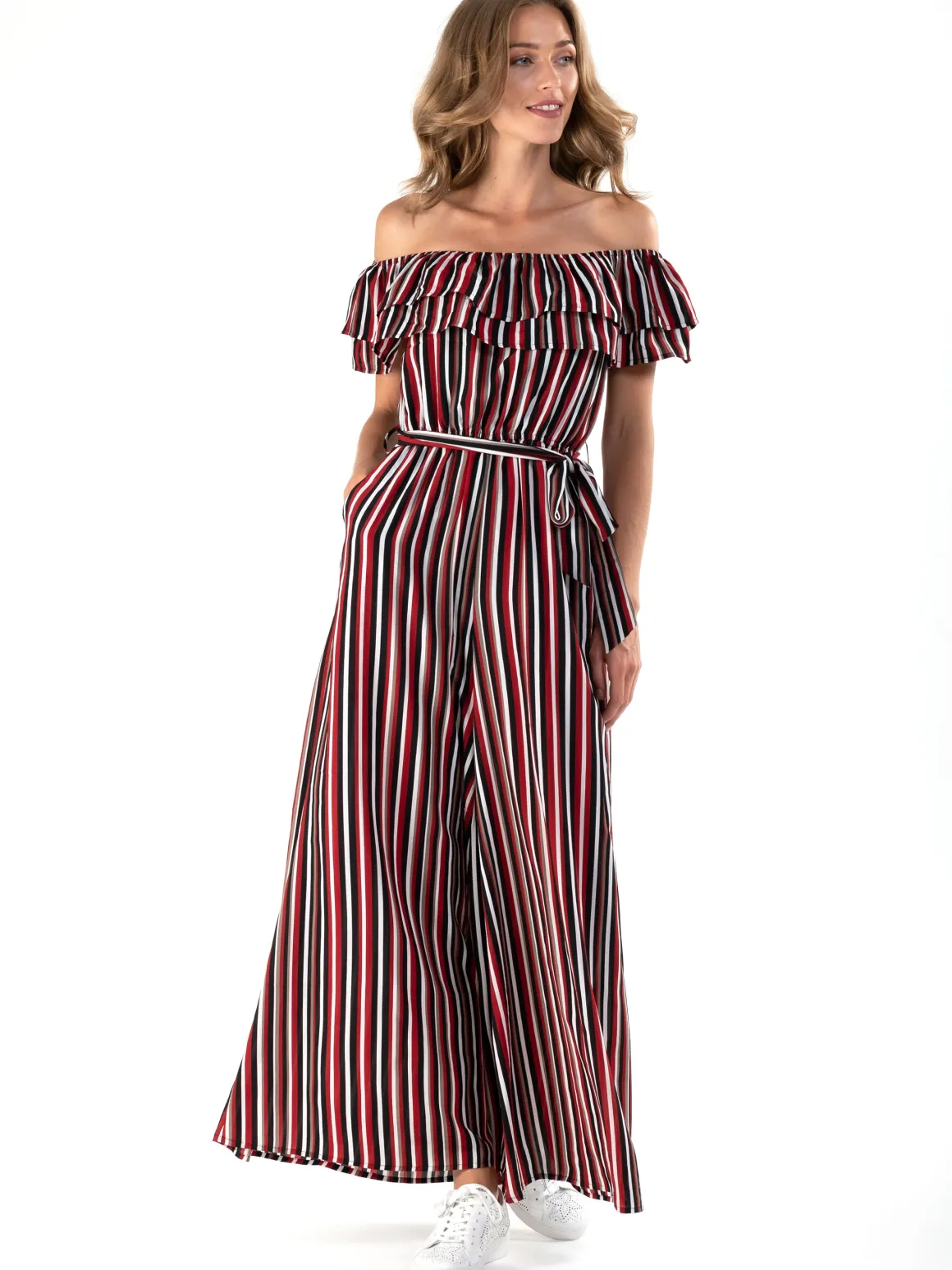 Ruffle Off Shoulder Jumpsuit, Red Stripe