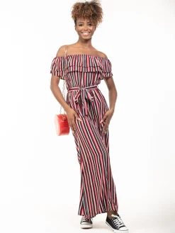 Ruffle Off Shoulder Jumpsuit, Red Stripe