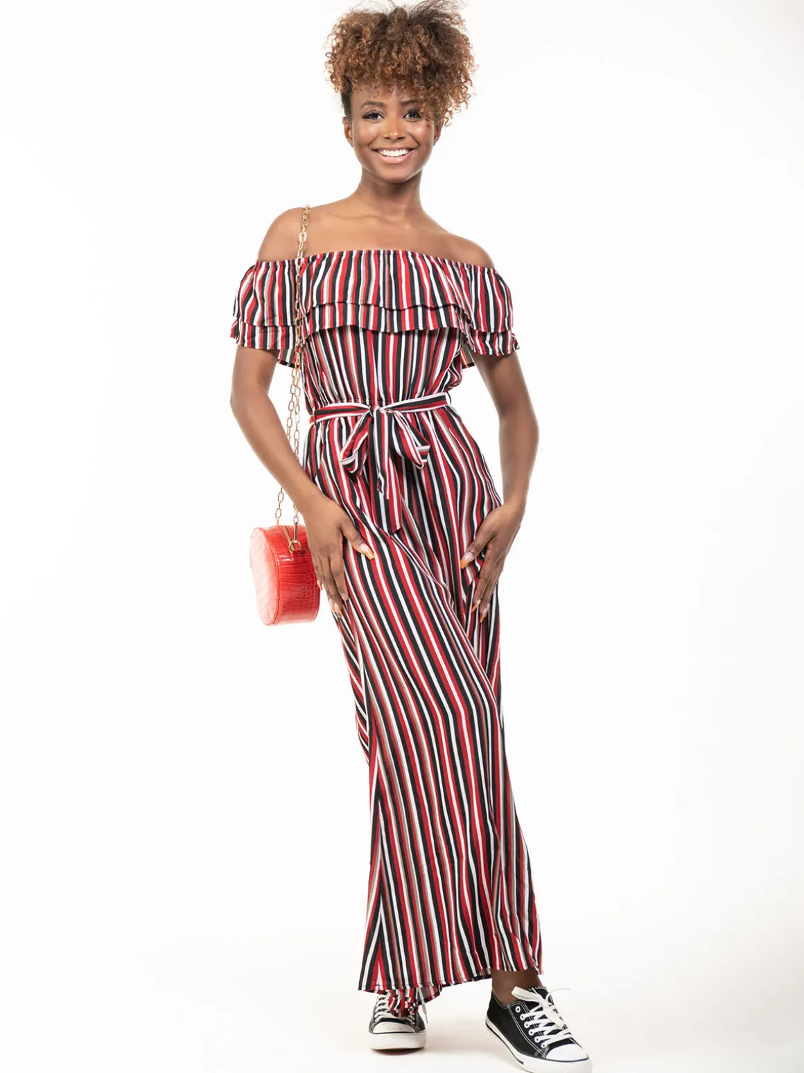 Ruffle Off Shoulder Jumpsuit, Red Stripe