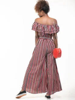 Ruffle Off Shoulder Jumpsuit, Red Stripe