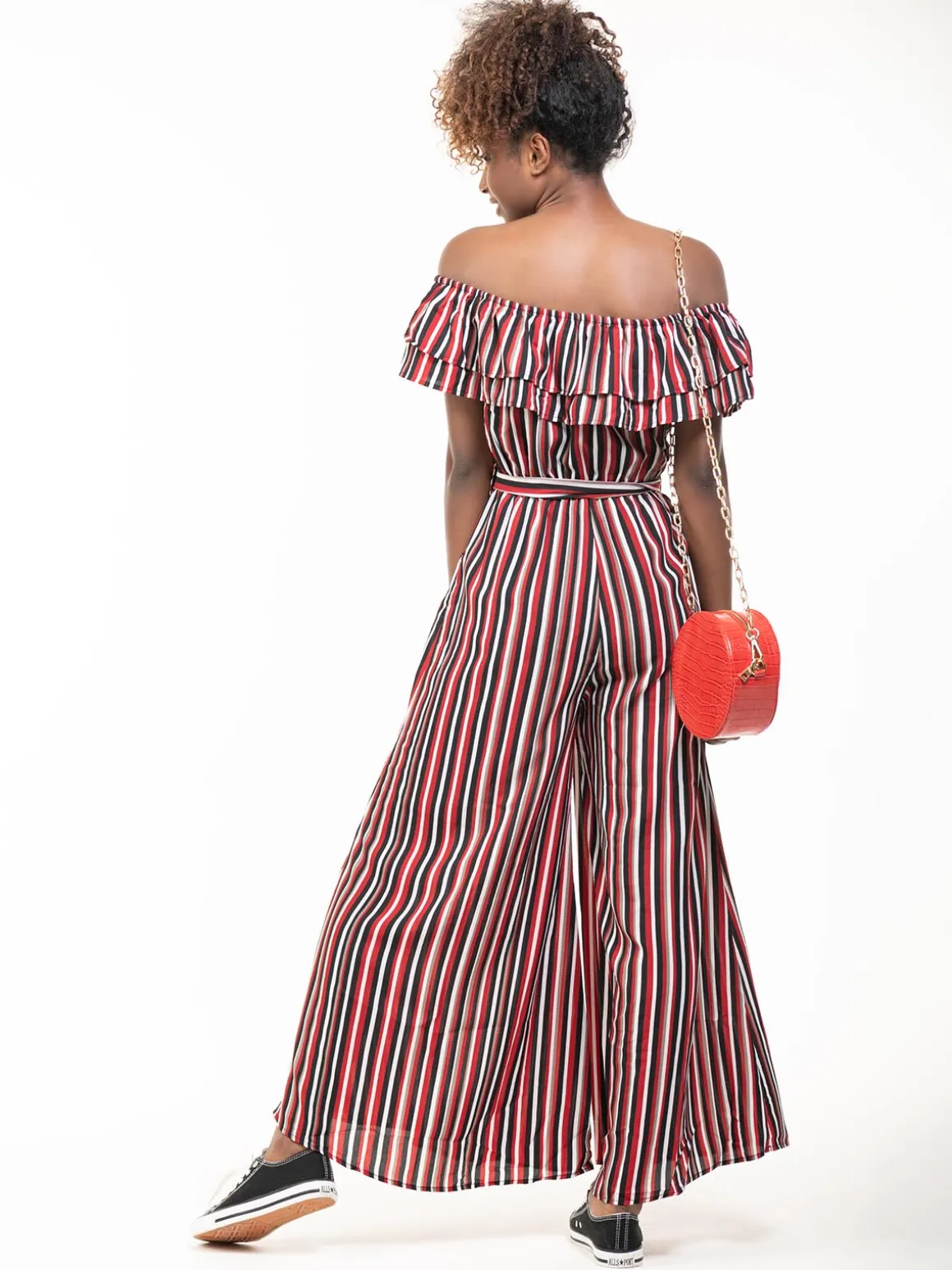 Ruffle Off Shoulder Jumpsuit, Red Stripe