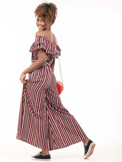 Ruffle Off Shoulder Jumpsuit, Red Stripe