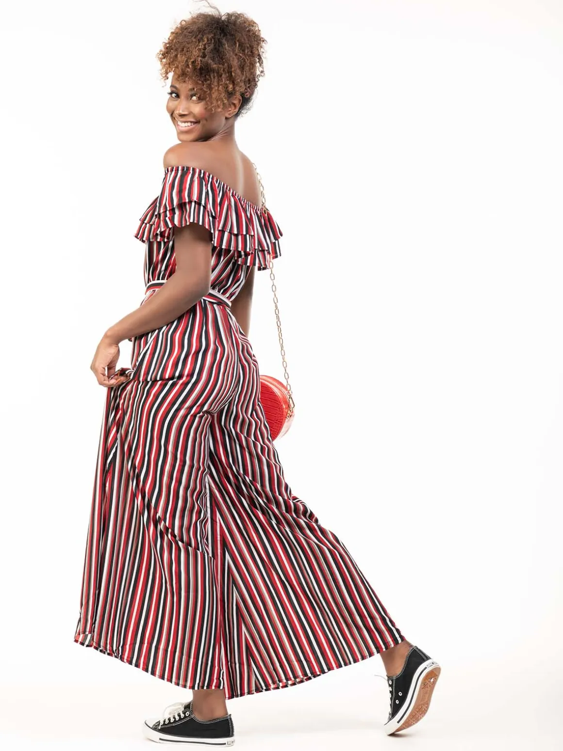 Ruffle Off Shoulder Jumpsuit, Red Stripe