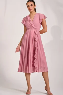 Ruffle Pleated Chiffon Midi Dress, Dusty Pink