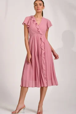 Ruffle Pleated Chiffon Midi Dress, Dusty Pink