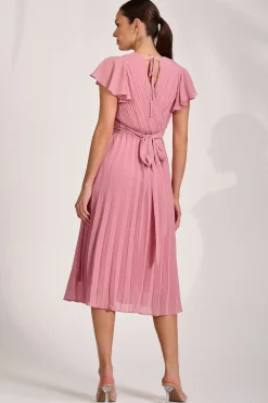 Ruffle Pleated Chiffon Midi Dress, Dusty Pink