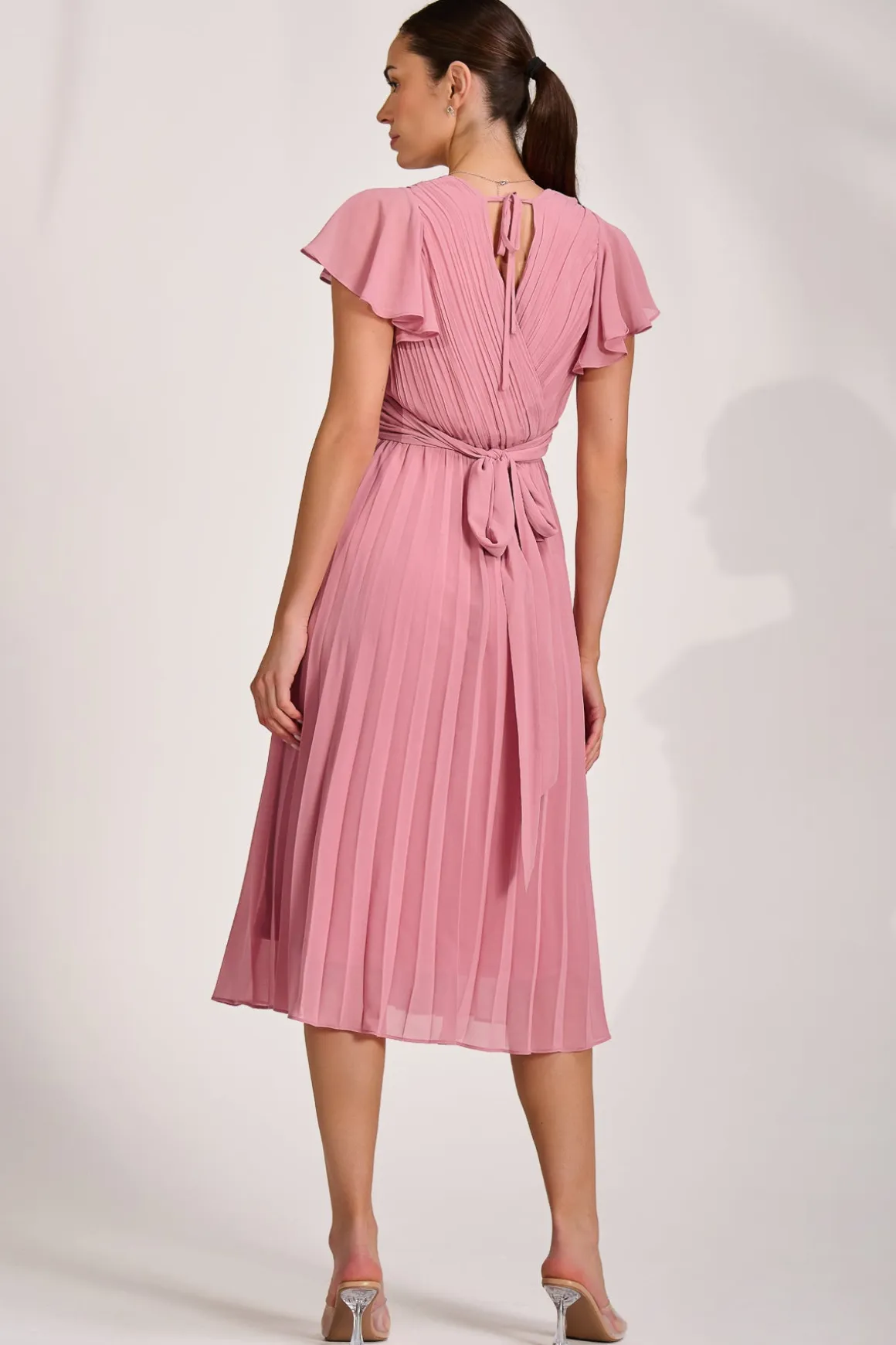 Ruffle Pleated Chiffon Midi Dress, Dusty Pink
