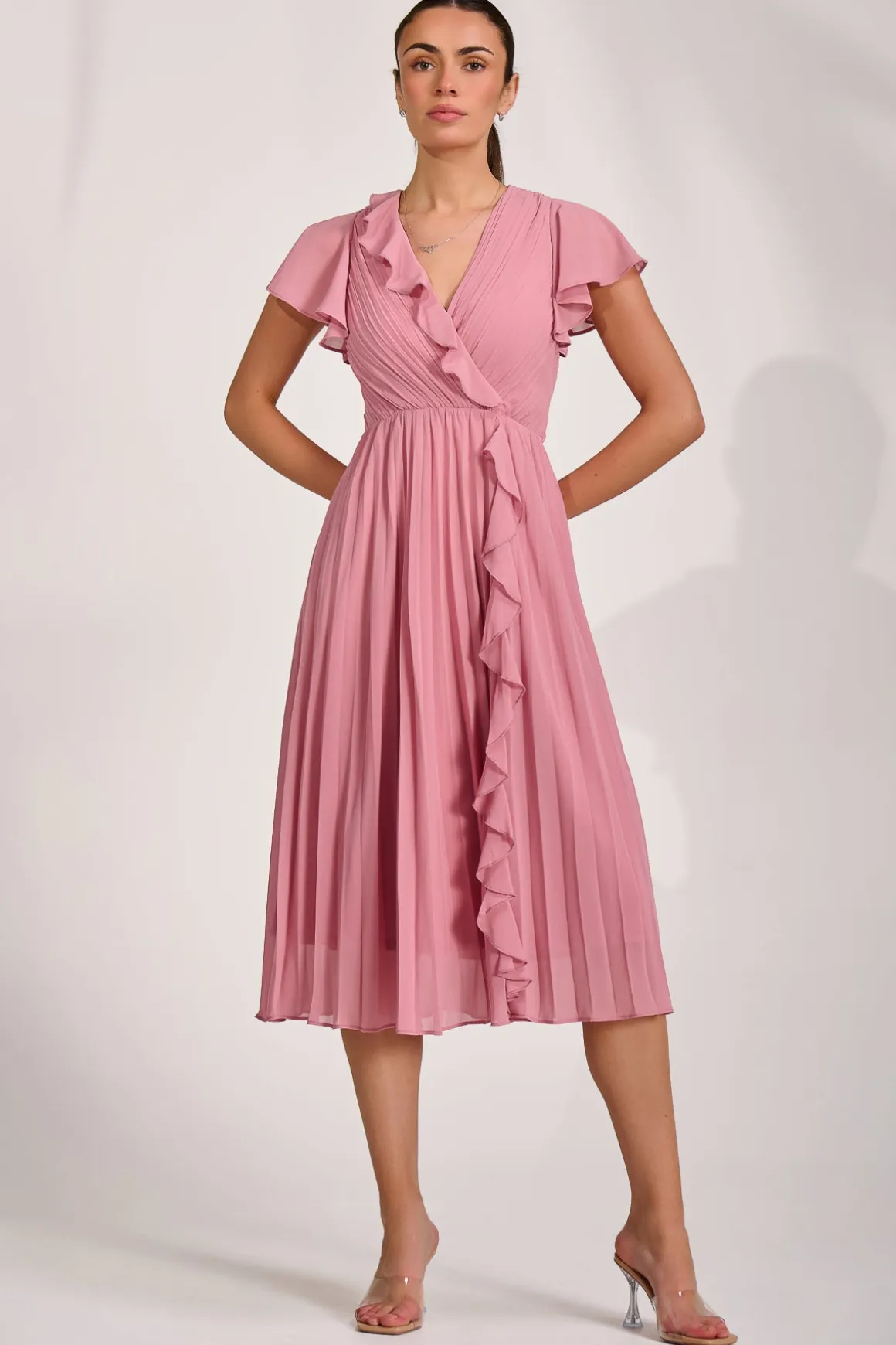 Ruffle Pleated Chiffon Midi Dress, Dusty Pink