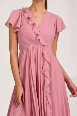 Ruffle Pleated Chiffon Midi Dress, Dusty Pink