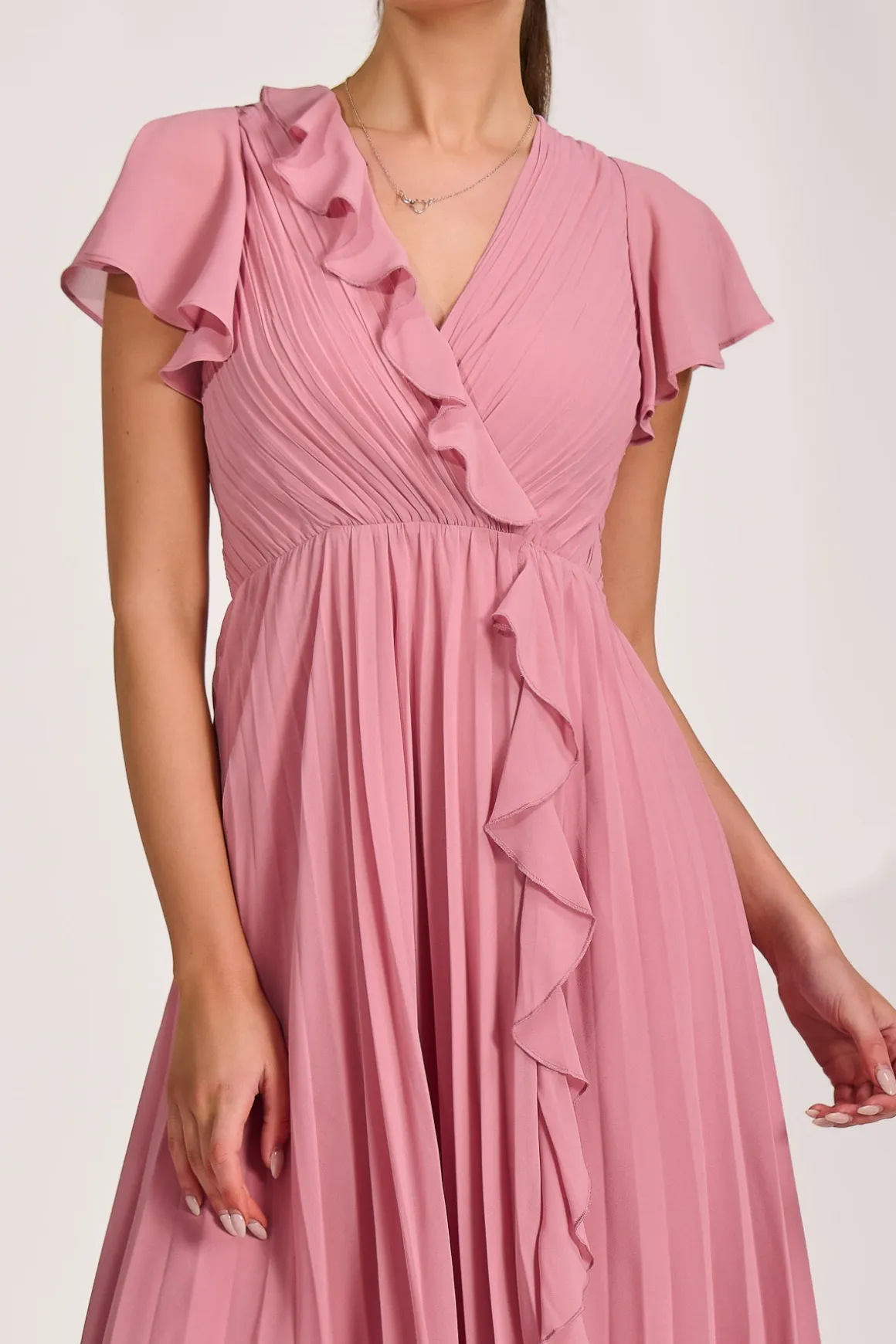 Ruffle Pleated Chiffon Midi Dress, Dusty Pink