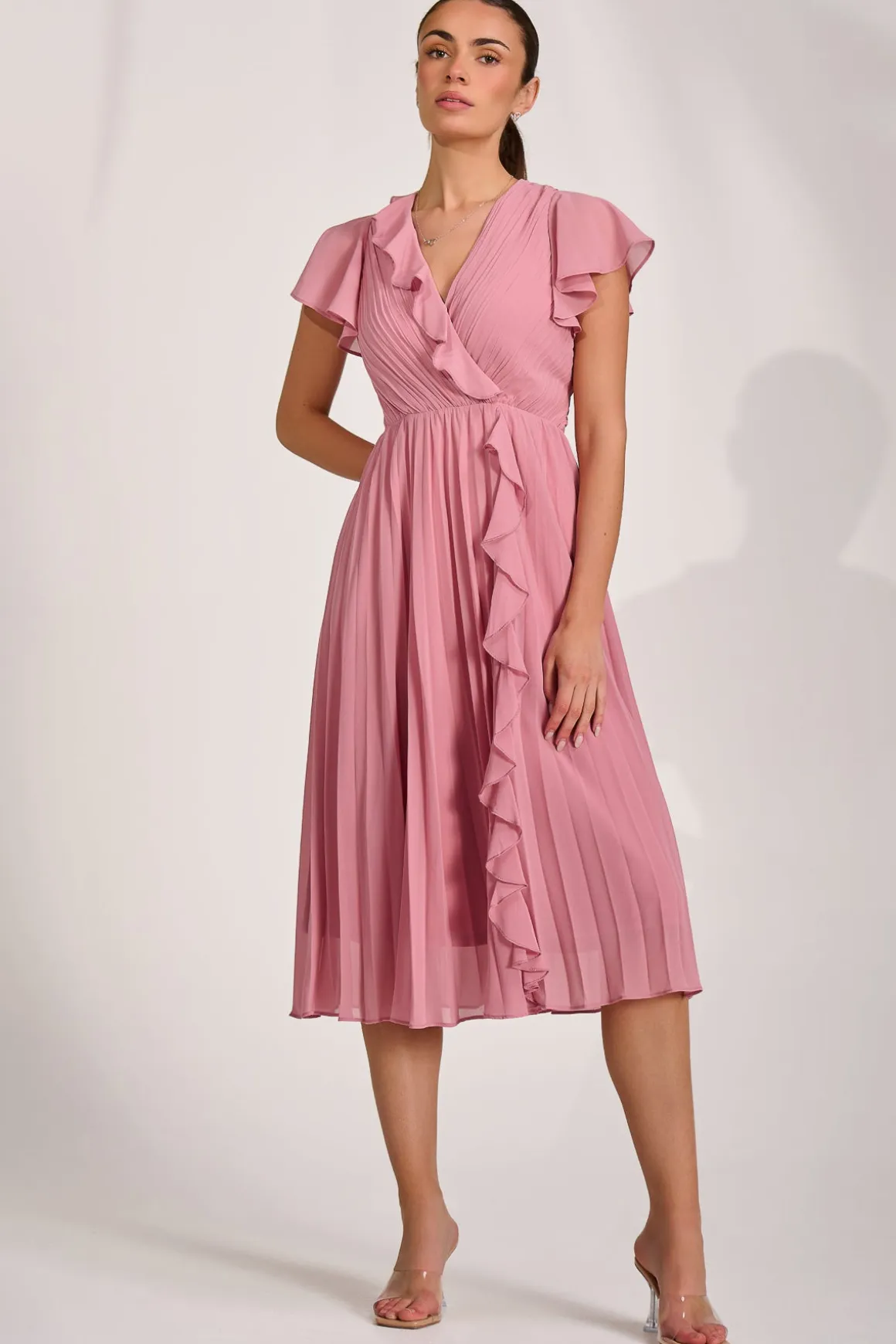 Ruffle Pleated Chiffon Midi Dress, Dusty Pink