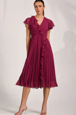 Ruffle Pleated Chiffon Midi Dress, Mulberry