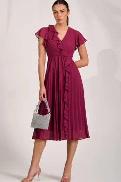 Ruffle Pleated Chiffon Midi Dress, Mulberry