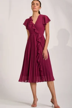 Ruffle Pleated Chiffon Midi Dress, Mulberry