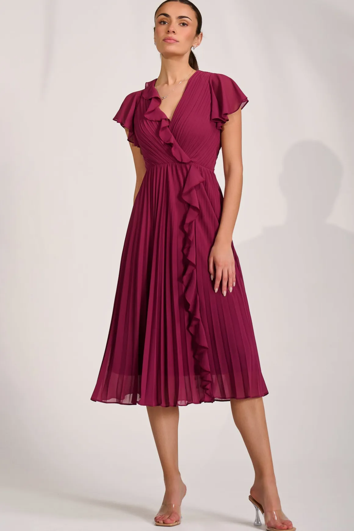 Ruffle Pleated Chiffon Midi Dress, Mulberry