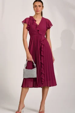 Ruffle Pleated Chiffon Midi Dress, Mulberry