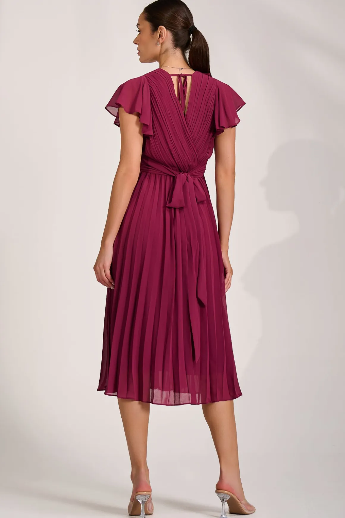 Ruffle Pleated Chiffon Midi Dress, Mulberry
