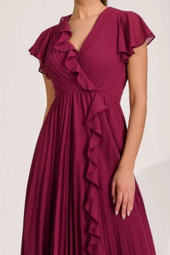 Ruffle Pleated Chiffon Midi Dress, Mulberry