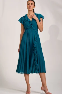 Ruffle Pleated Chiffon Midi Dress, Teal