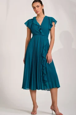 Ruffle Pleated Chiffon Midi Dress, Teal