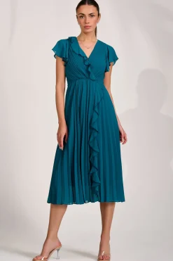 Ruffle Pleated Chiffon Midi Dress, Teal