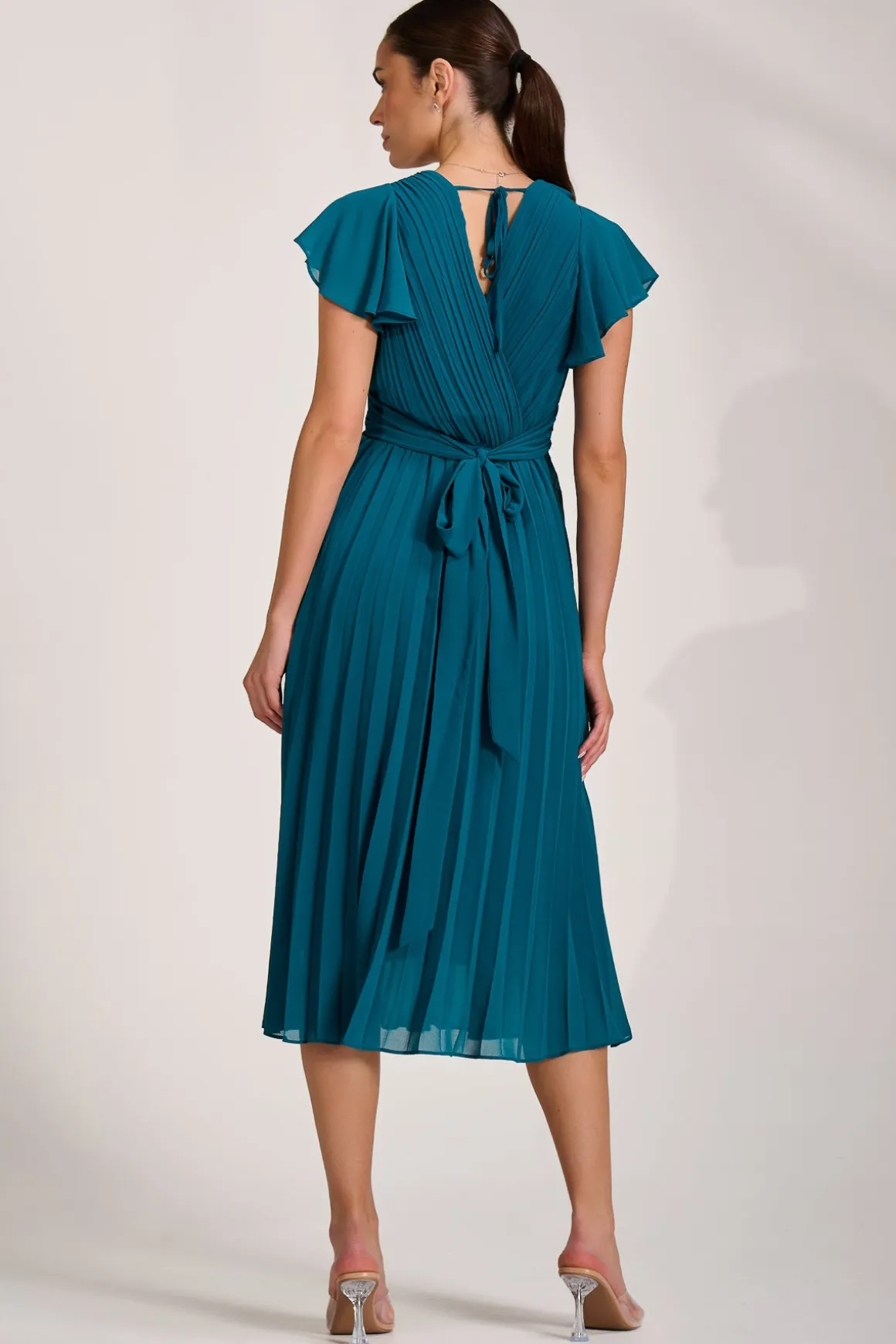 Ruffle Pleated Chiffon Midi Dress, Teal