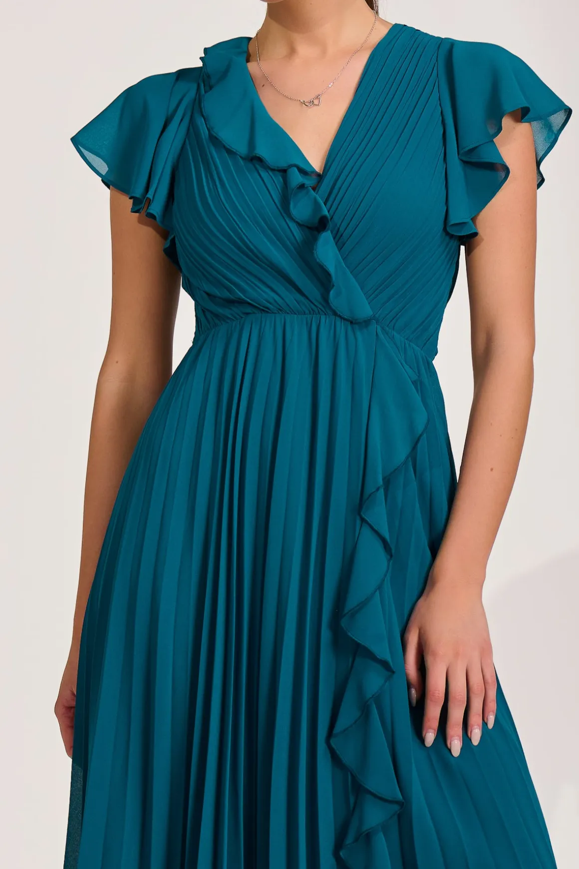 Ruffle Pleated Chiffon Midi Dress, Teal