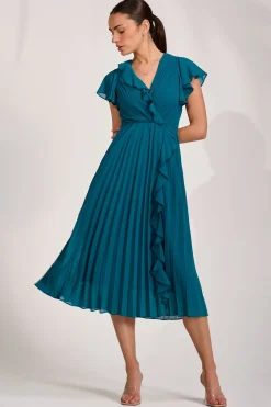 Ruffle Pleated Chiffon Midi Dress, Teal