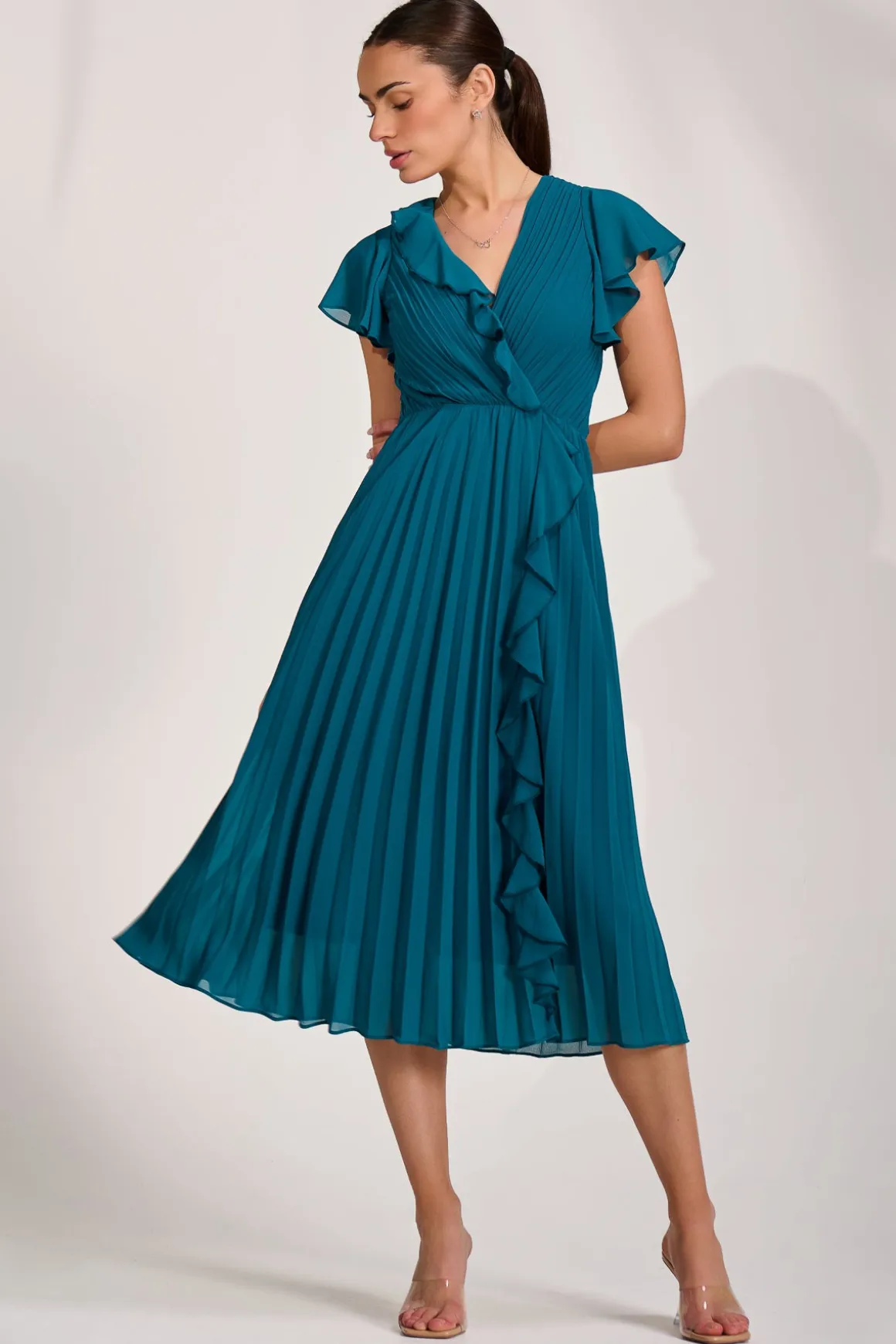 Ruffle Pleated Chiffon Midi Dress, Teal