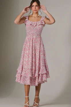 Ruffle Shirred Woven Midi Dress, Pink Floral