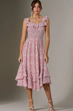 Ruffle Shirred Woven Midi Dress, Pink Floral