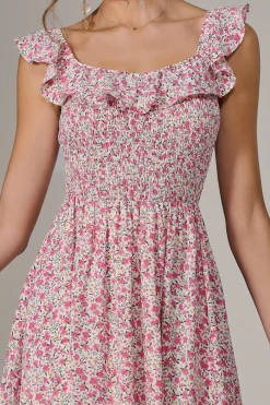 Ruffle Shirred Woven Midi Dress, Pink Floral