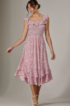 Ruffle Shirred Woven Midi Dress, Pink Floral