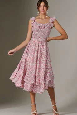 Ruffle Shirred Woven Midi Dress, Pink Floral