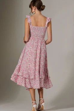 Ruffle Shirred Woven Midi Dress, Pink Floral