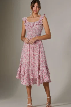 Ruffle Shirred Woven Midi Dress, Pink Floral