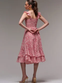 Ruffle Shirred Woven Midi Dress, Red Floral