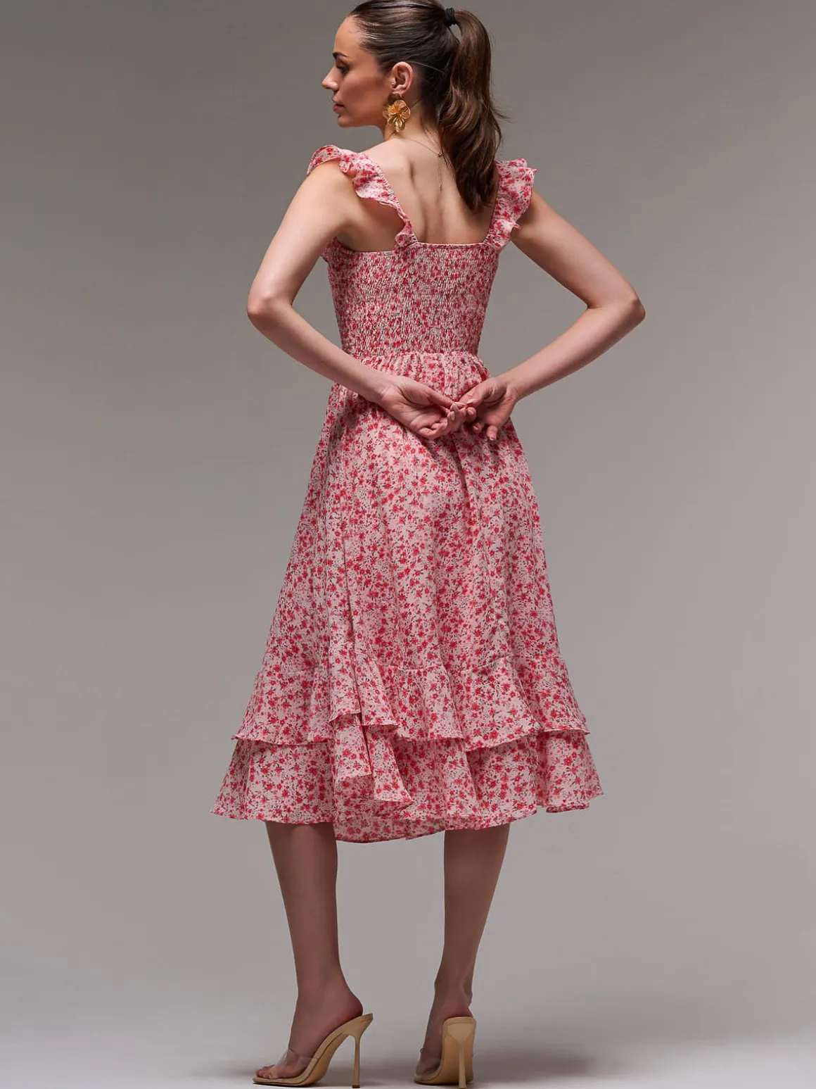 Ruffle Shirred Woven Midi Dress, Red Floral