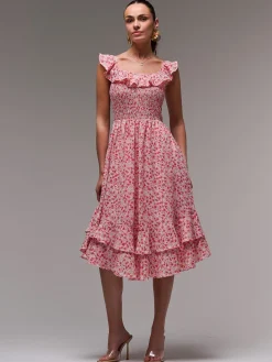 Ruffle Shirred Woven Midi Dress, Red Floral