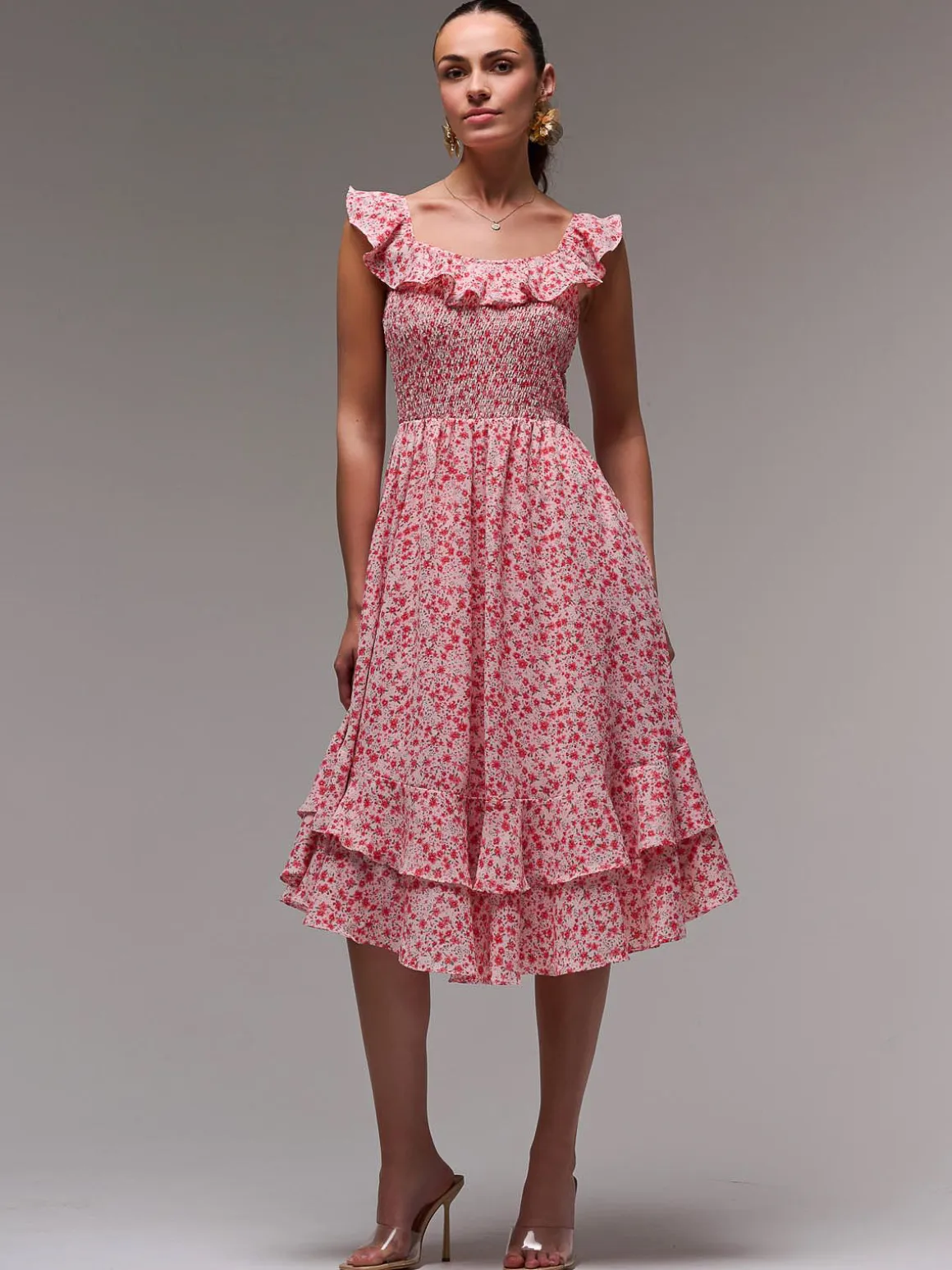 Ruffle Shirred Woven Midi Dress, Red Floral
